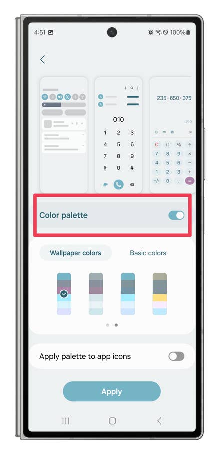 One UI screenshots showing how to customize the interface color palette.