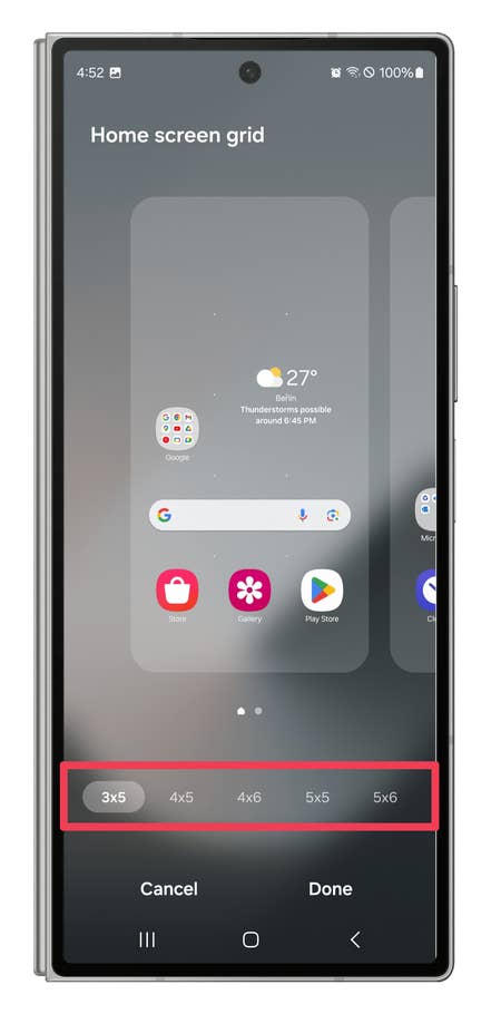 One UI screenshots showing how to customize how many icons are displayed per row and column.