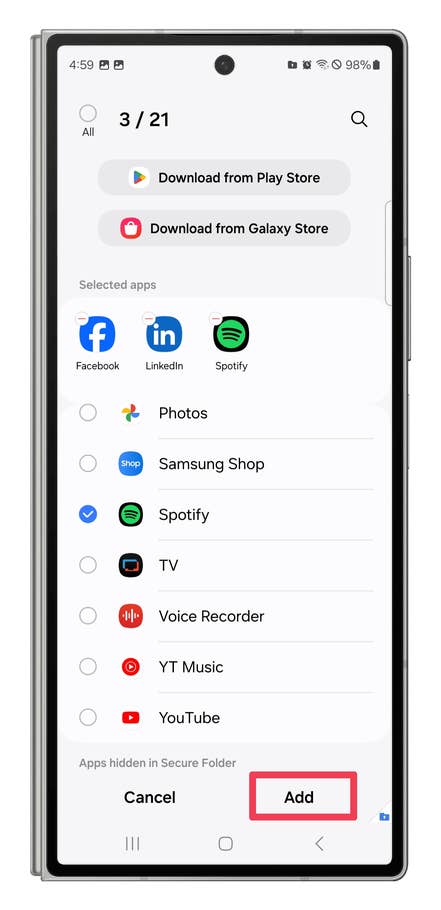 One UI screenshots showing how to hide apps with the Secure Folder feature.
