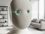 Robot in a living room with an active camera in its eye.