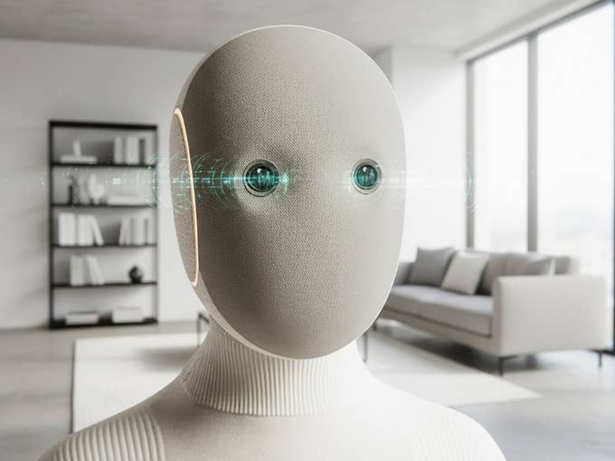 Robot in a living room with an active camera in its eye.