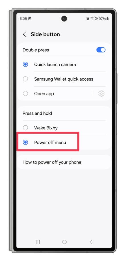 One UI screenshots showing how to change the behaviour of the Power button.