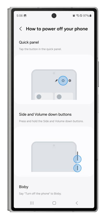 One UI screenshots showing how to change the behaviour of the Power button.