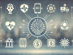 Futuristic icons representing health, finance, AI, and sustainability interconnected in a tech-themed design.