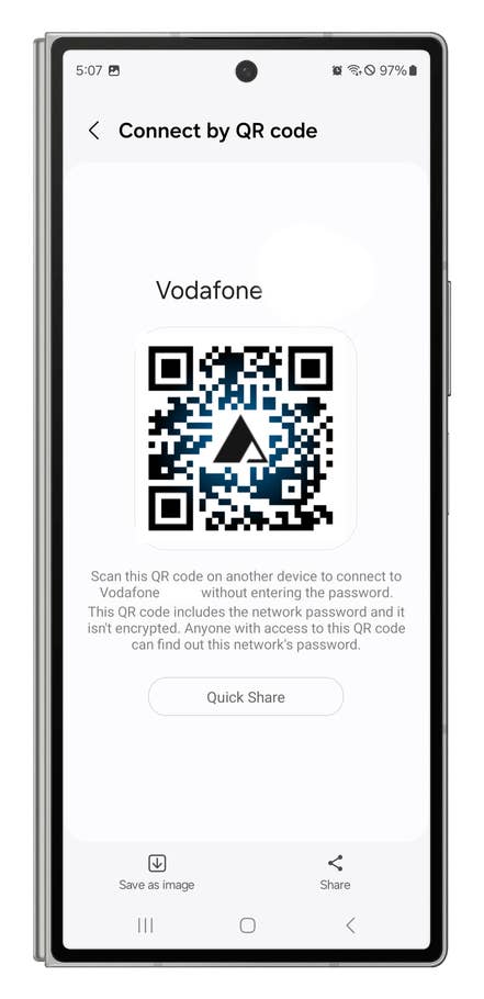 One UI screenshots showing how to share your Wi-Fi credentials with a QR code.