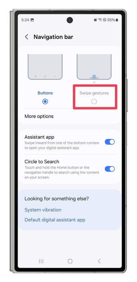 One UI screenshots showing how to switch between the navigation bar and gesture navigation.