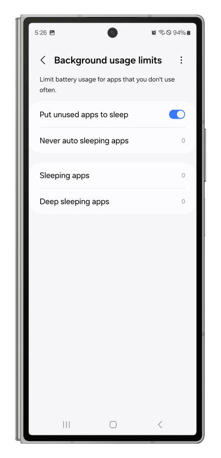 One UI screenshots showing how to change background app settings.