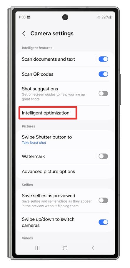 Screenshots showing how to reduce the post-processing steps in the camera app.