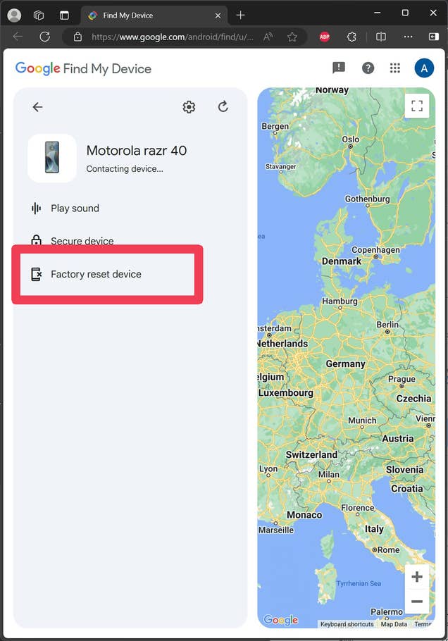 Screenshots showing how to wipe data from a remote phone.