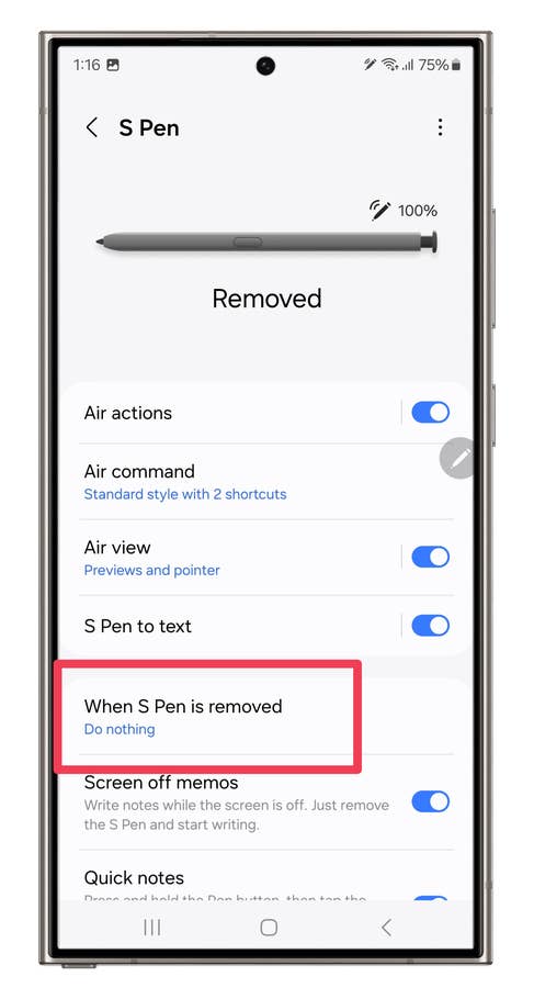 Screenshots showing how to set S Pen shortcuts