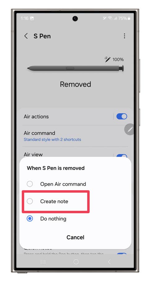 Screenshots showing how to set S Pen shortcuts