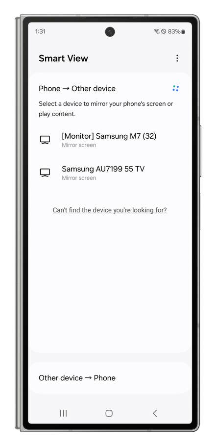 Screenshots showing how to use the Smart View screen mirroring.