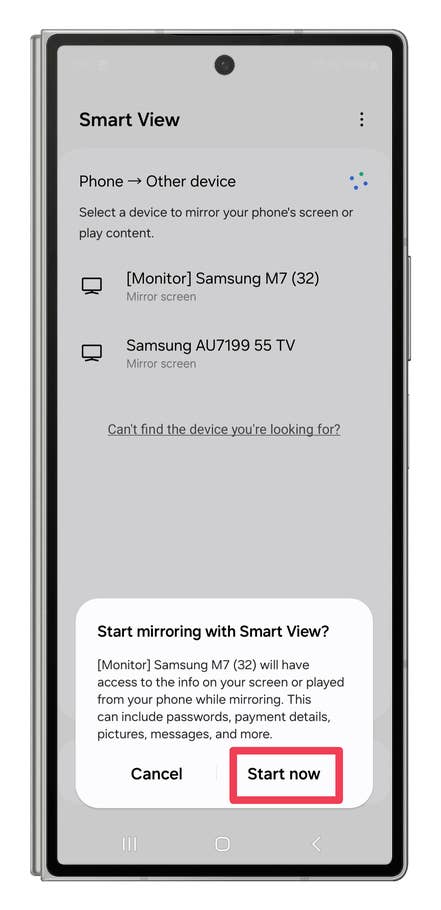 Screenshots showing how to use the Smart View screen mirroring.