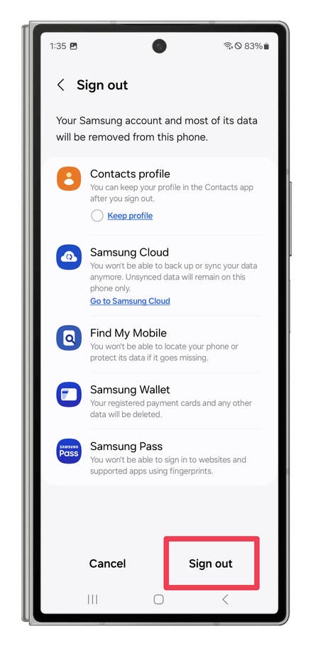 One UI screenshots showing how to sign out of the Samsung on the phone.