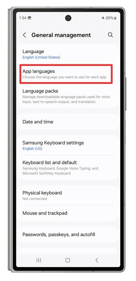 One UI screenshots showing how to set language settings for specific apps.