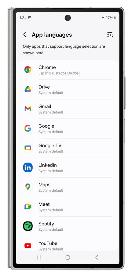 One UI screenshots showing how to set language settings for specific apps.