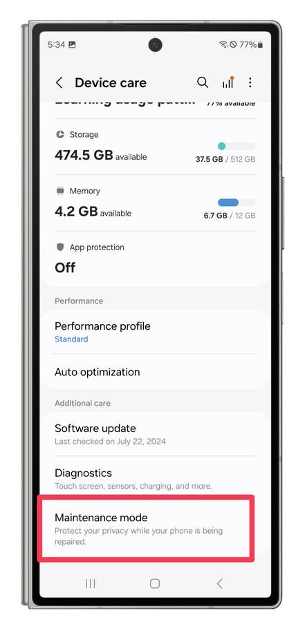 One UI screenshots showing how to use the Maintenance mode when sending the phone for repairs.