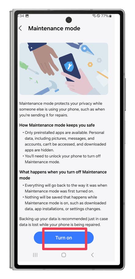 One UI screenshots showing how to use the Maintenance mode when sending the phone for repairs.