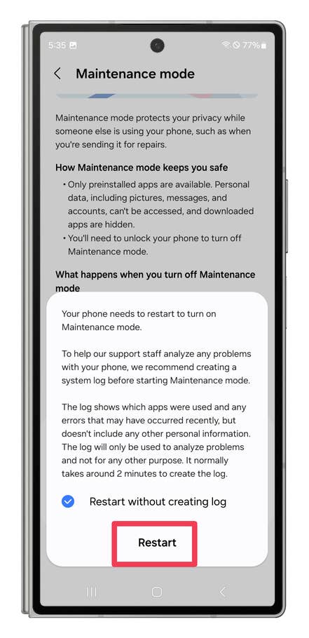 One UI screenshots showing how to use the Maintenance mode when sending the phone for repairs.