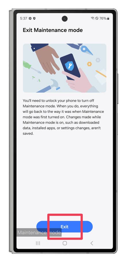 One UI screenshots showing how to use the Maintenance mode when sending the phone for repairs.