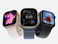 Three Apple Watch Series 11 models in different colors displaying various watch faces.