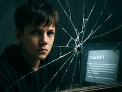 A boy with a serious expression beside a cracked mirror displaying 'ChatGPT'.