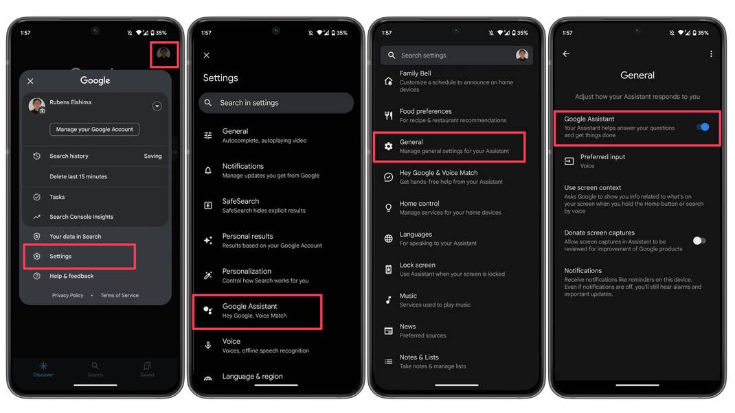 Screenshots showing how to activate Google Assistant Screenshots showing how to activate Google Assistant
