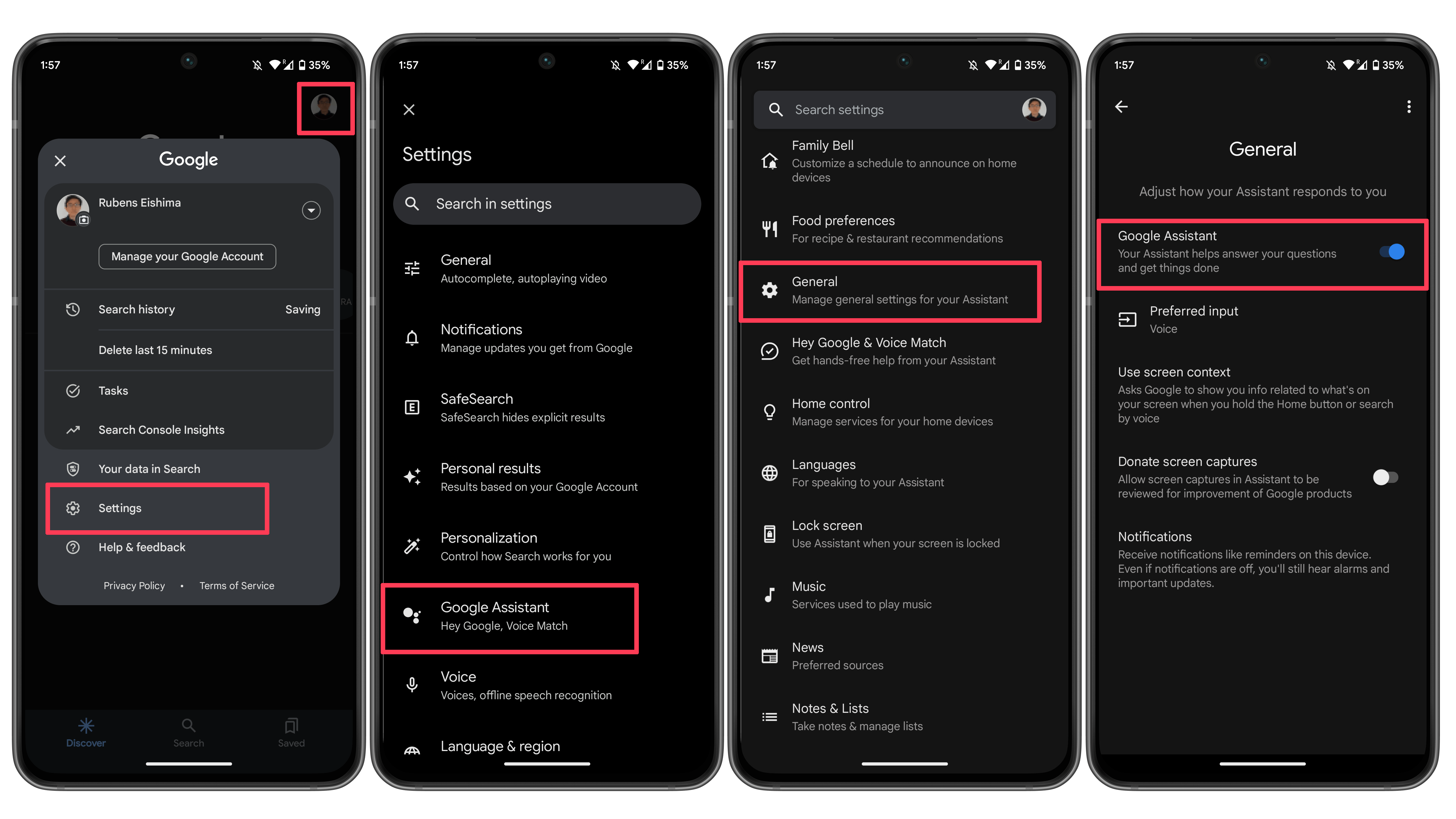 Screenshots showing how to activate Google Assistant