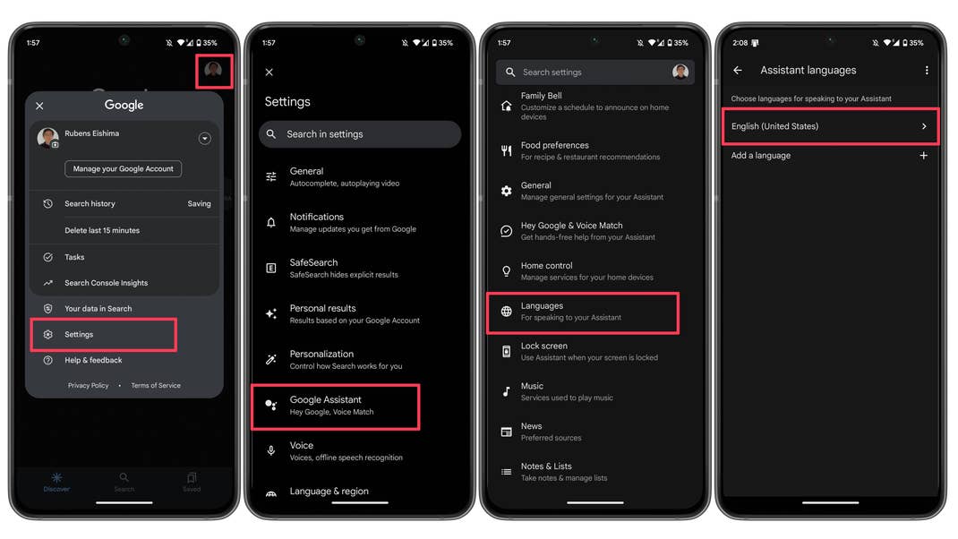 Screenshots showing how to change the Google Assistant languages Screenshots showing how to change the Google Assistant languages