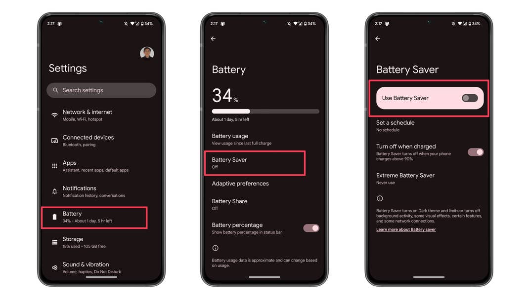 Screenshots showing how to enable or disable the Battery Saver feature on stock Android Screenshots showing how to enable or disable the Battery Saver feature on stock Android