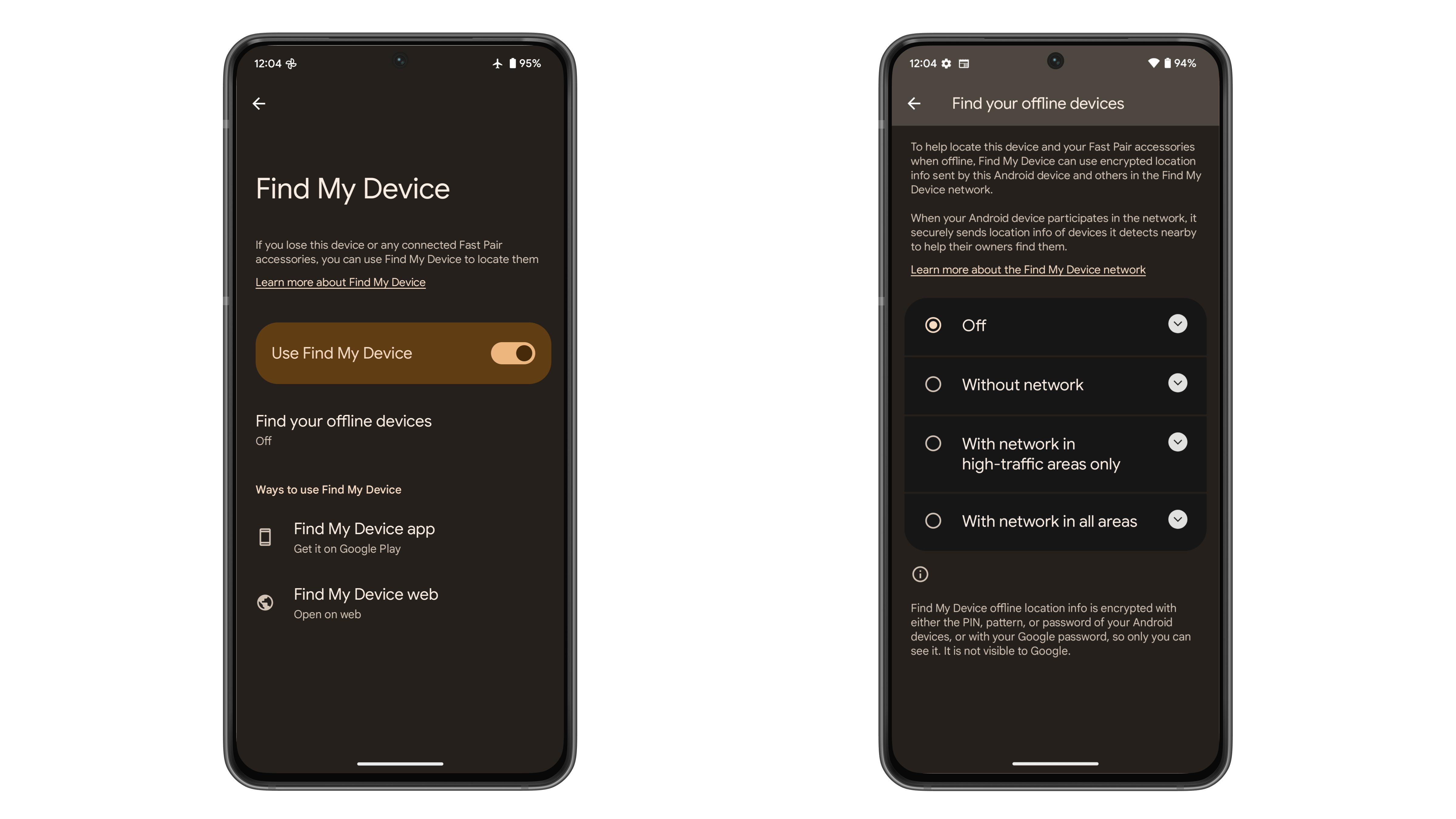 Screenshots from the Find my devices Settings menu