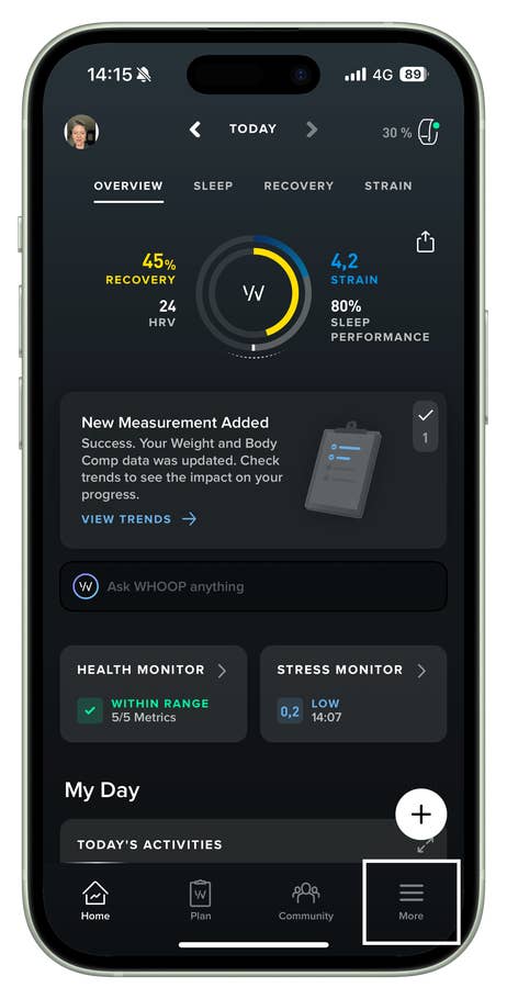 WHOOP app overview showing recovery, HRV, and weight measurement update.