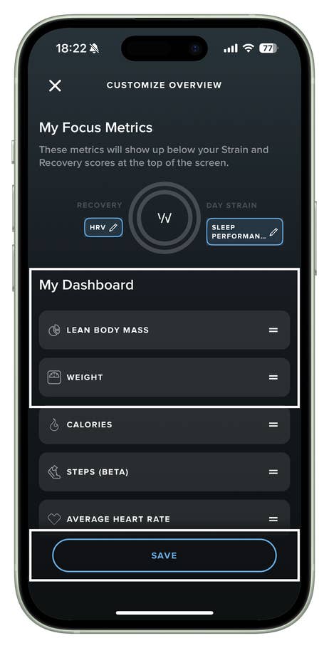 My Dashboard on Whoop app showing metrics like weight and lean body mass with a save button.