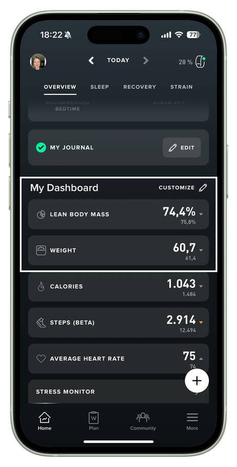 Whoop app dashboard showing body metrics including lean body mass and weight.