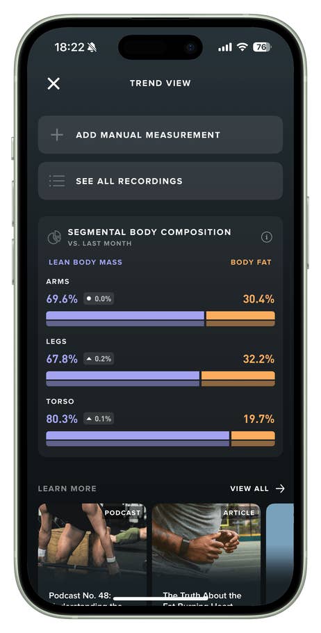 Graph showing segmental body composition metrics from the Whoop app, including lean body mass and body fat percentages.