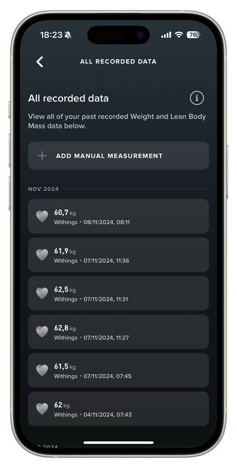 Whoop app interface displaying recorded weight and body mass data from Withings scale.