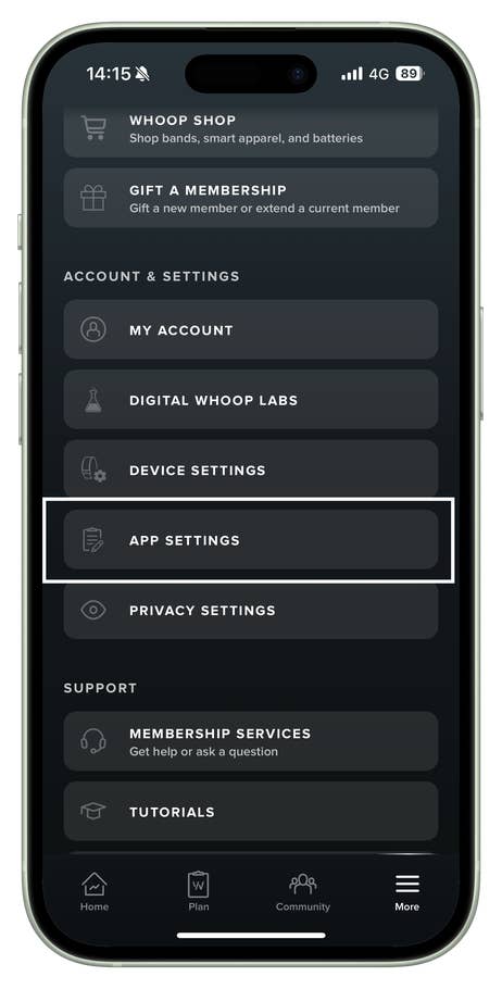 Whoop app interface showing the u0027App Settingsu0027 option under u0027Account u0026 Settingsu0027.