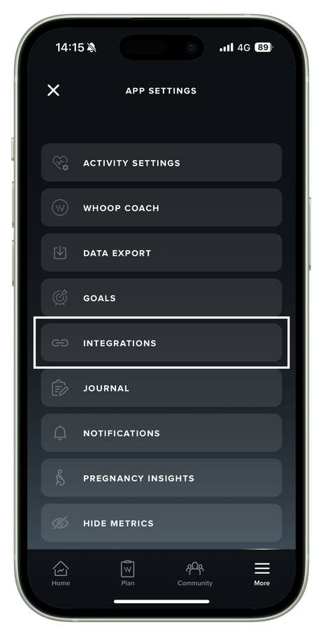 Whoop app settings screen showing u0027Integrationsu0027 option highlighted.