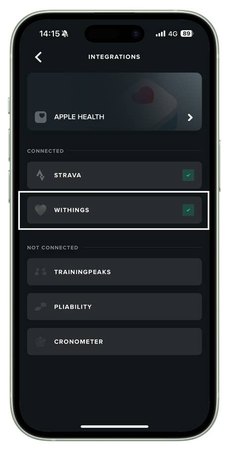 Whoop app integration screen showing Withings connected.