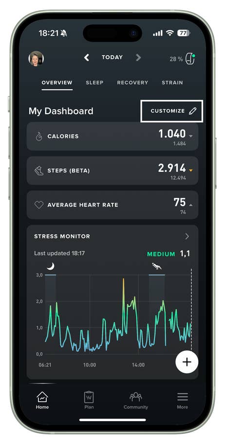 Whoop app dashboard displaying user stats: calories, steps, heart rate, and stress monitor graph.