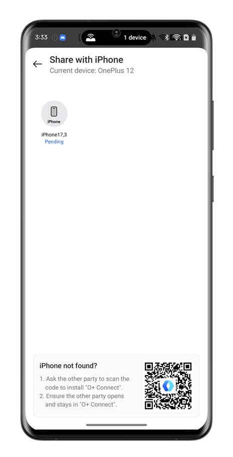 Share screen from OnePlus 12 showing connection options with iPhone.
