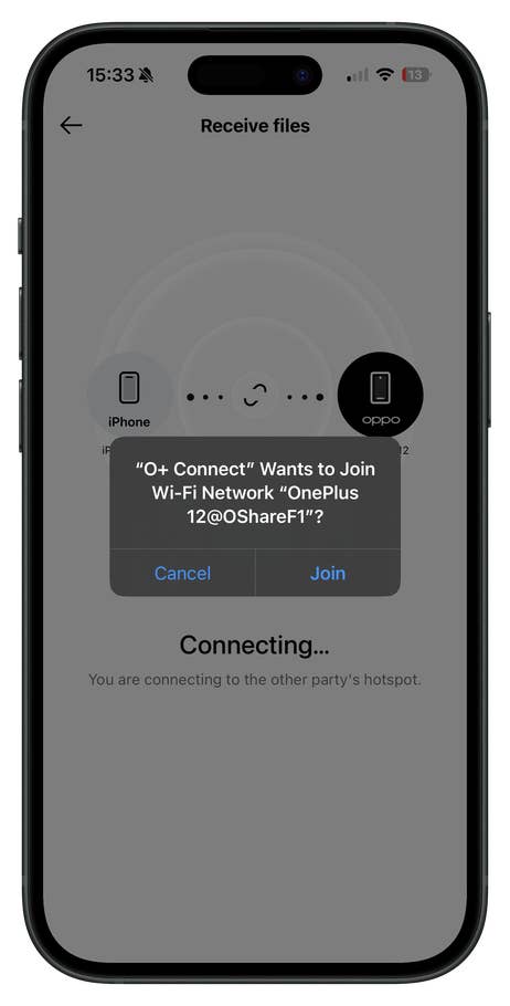 A smartphone screen displaying a Wi-Fi connection request for u0027OnePlus 12@OShareF1u0027.