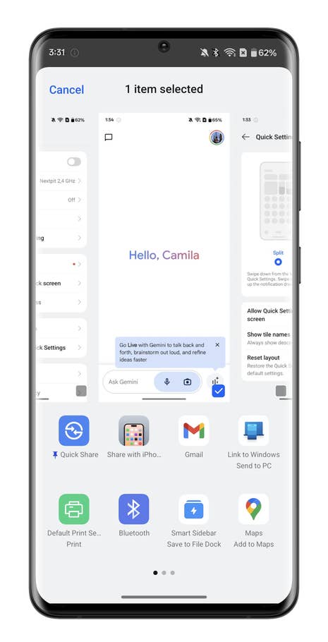 OnePlus smartphone screen displaying settings and a message saying u0027Hello, Camilau0027.