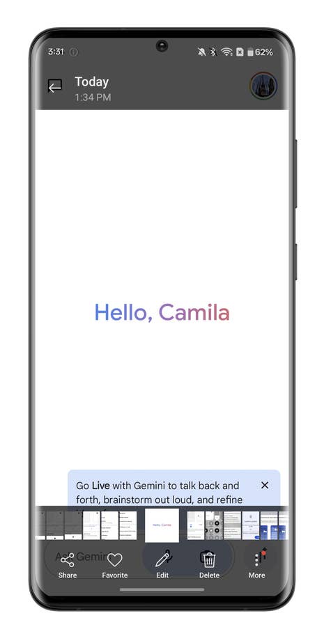 A smartphone screen displaying a message saying u0027Hello, Camilau0027 and options to share, edit, or delete.