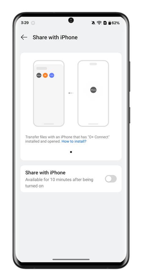 OnePlus interface showing u0027Share with iPhoneu0027 feature and instructions for transferring files.