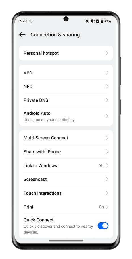 OnePlus smartphone settings menu showing connectivity options.