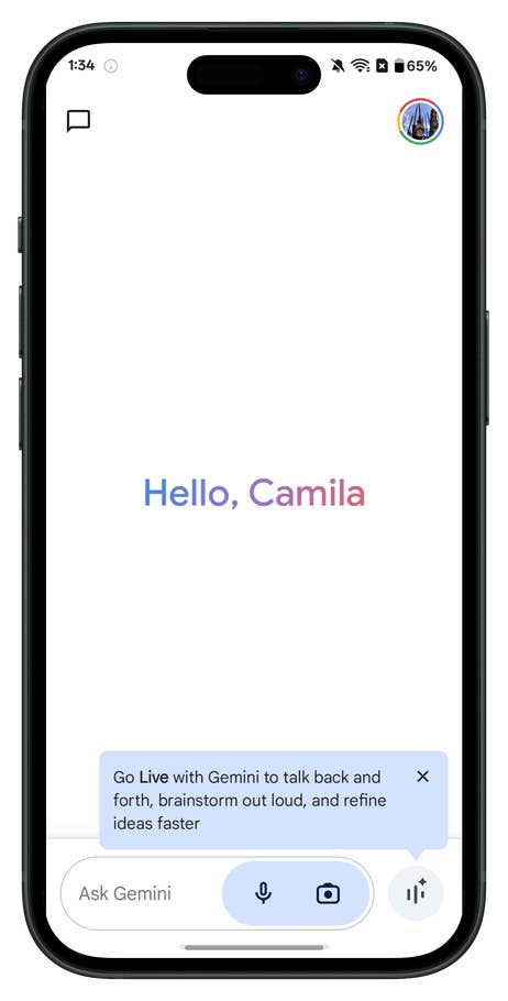 A OnePlus phone displaying a message that says u0027Hello, Camilau0027 and instructions for using Gemini.