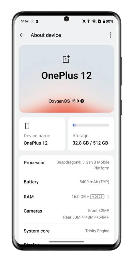 OnePlus 12 device information screen showing specs like storage and RAM.