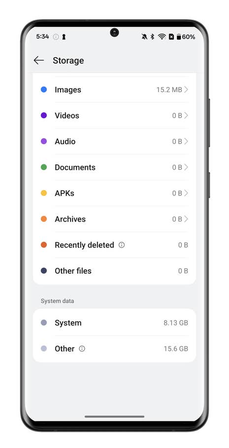 Storage settings on a OnePlus smartphone, showing categories like Images, Videos, and System data.