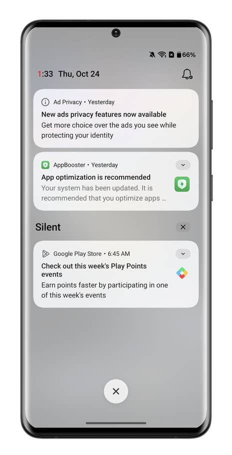 OnePlus smartphone screen displaying notifications and date.